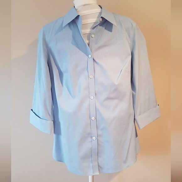 DENVER HAYES Classic Fit  Stretch BLUE Button Up Blouse 3/4 Sleeve & Cuff… - Picture 3 of 13